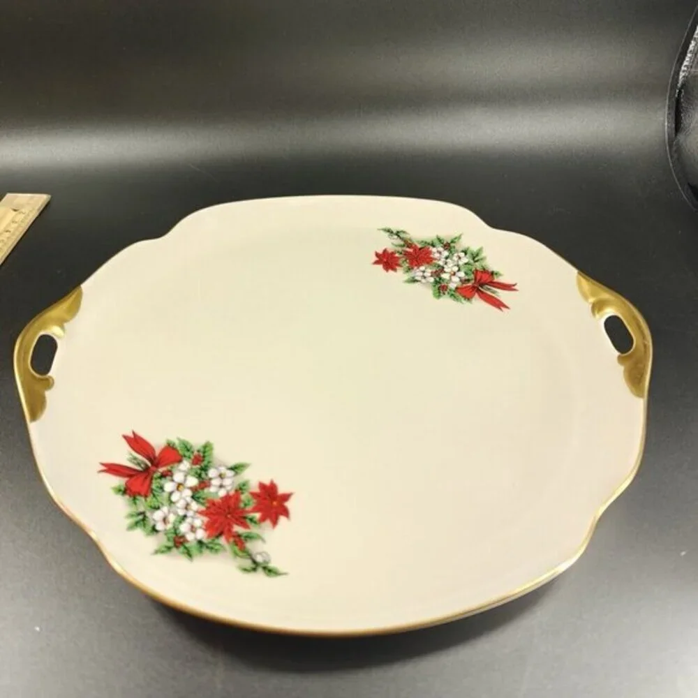 Pickard China Hand Decorated Poinsettia Plate Platter Porcelain USA Holiday VTG‎